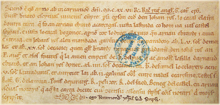 Notarurkunde von 1196 aus Moissac (Archives départementales de Tarn-et-Garonne, G630)